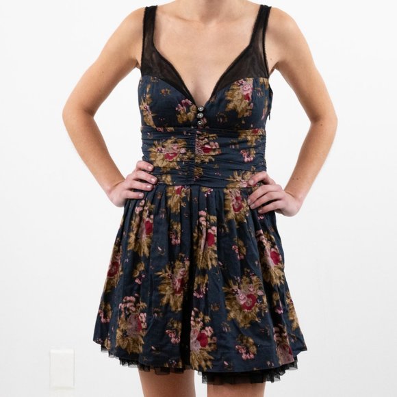 Free People XS Floral Print Cotton Mini Dress Blue - Picture 6 of 9